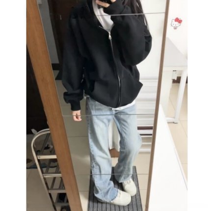 春秋薄款重磅纯棉黑色连帽卫衣外套女小个子加绒秋冬新款拉链开衫