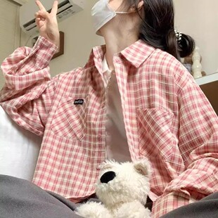 橘色格子长袖衬衫外套女春秋款叠穿宽松遮肉慵懒风长袖衬衣外穿潮