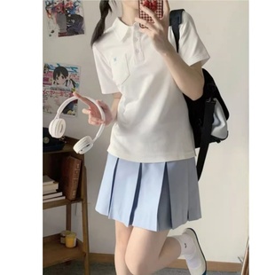 设计简约日系短袖 夏季 韩版 女款 T恤刺绣口袋上衣 纯棉白色POLO衫
