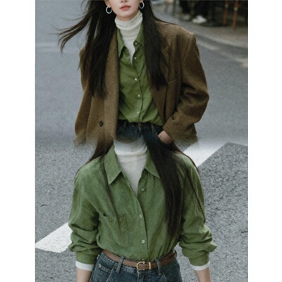 港风通勤纯棉衬衫女秋冬多巴胺