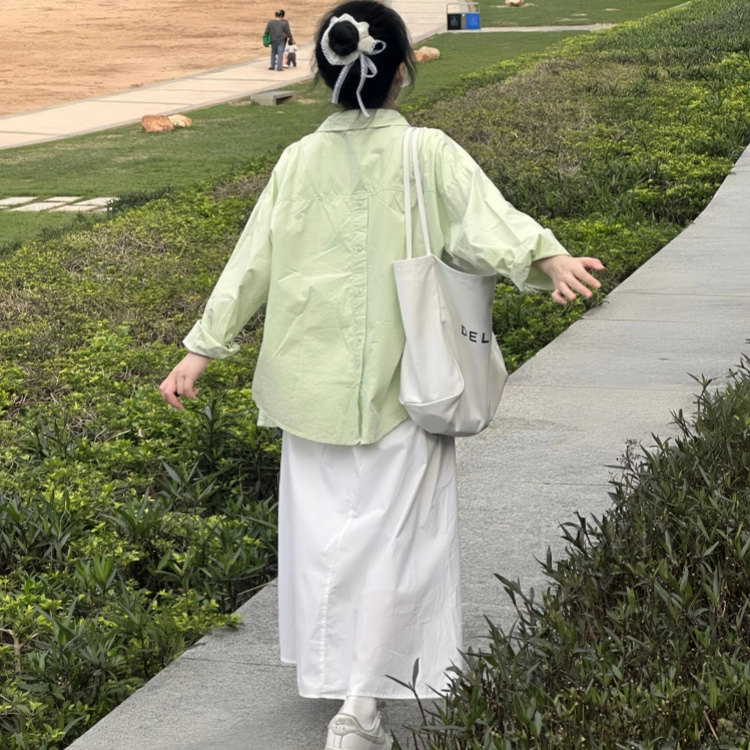 纯棉简约薄荷绿长袖衬衫图片