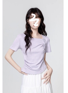 紫色纯棉新品短袖夏2025新款不规则立体花朵正肩体恤短上衣显瘦