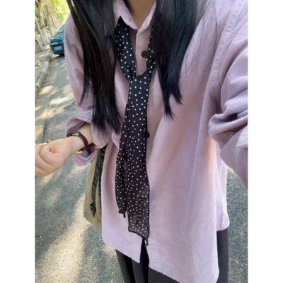 小个子紫色polo领灯芯绒衬衫女