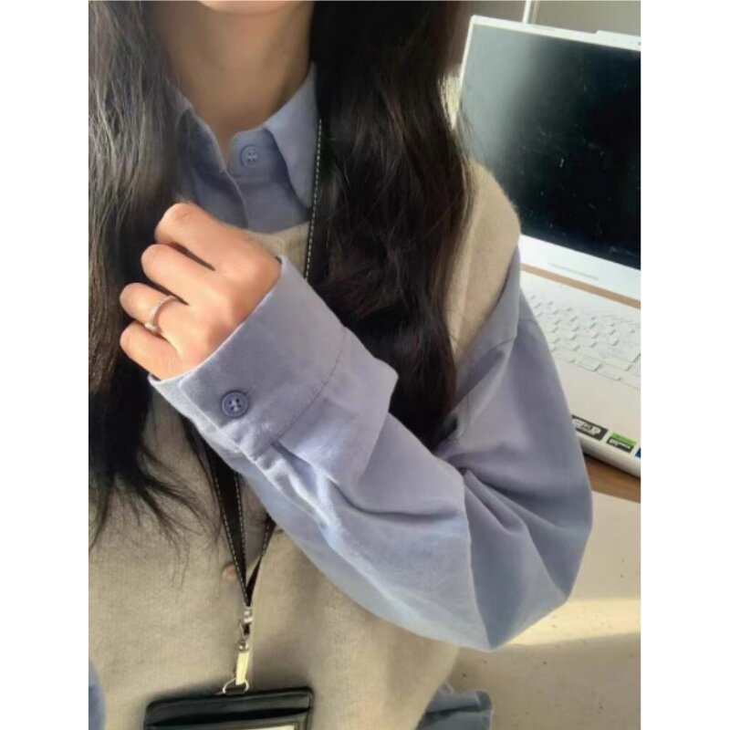 纯棉蓝色衬衫女春秋2025新款翻领内搭长袖衬衣外穿小个子韩系上衣,女装/女士精品,衬衫,淘宝优惠券,粉丝福利购,淘宝优惠卷