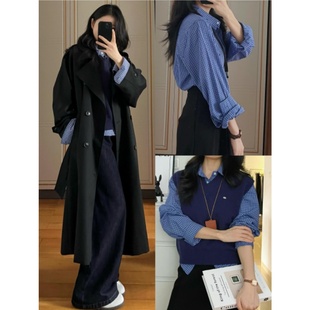 蓝色格子衬衫小外套早秋休闲长袖格纹防晒衬衣复古法式慵懒风上衣