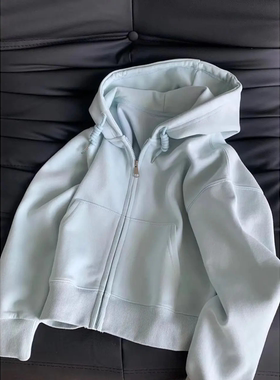 秋冬chic韩系穿搭蓝色短款卫衣外套女连帽纯棉长袖加绒小个子开衫