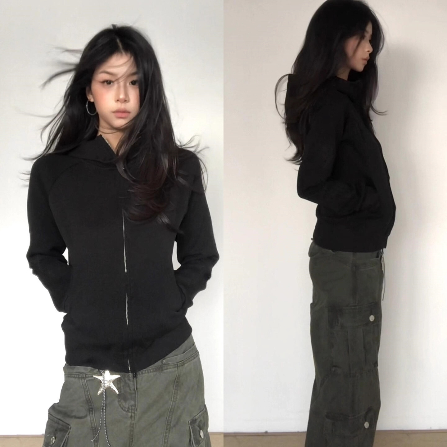 黑色初秋季修身连帽收腰卫衣外套