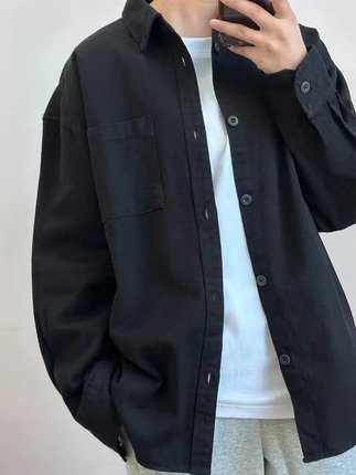 港味酷飒风黑色纯棉衬衫女秋冬款内搭叠穿打底衬衣情侣款长袖上衣