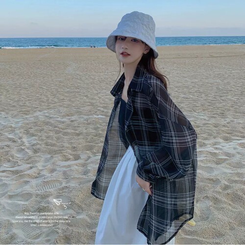 茵米米宽松开衫长袖格子防晒衣