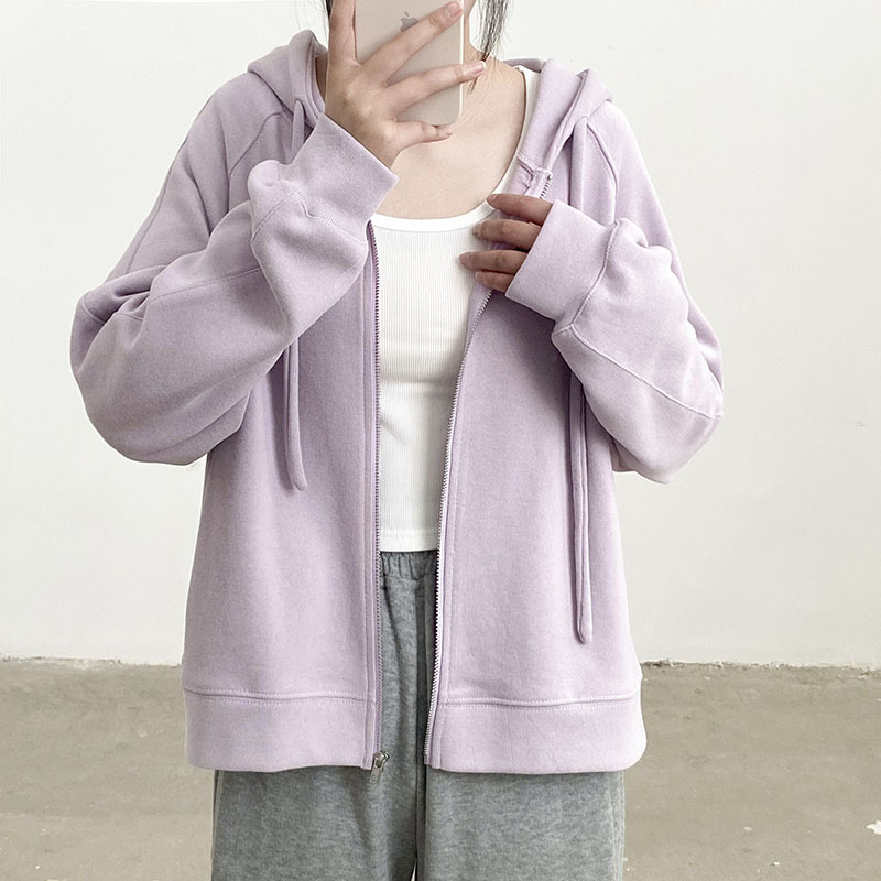 秋冬高级感重磅纯棉紫色卫衣女2023新款连帽开衫加绒加厚开衫上衣
