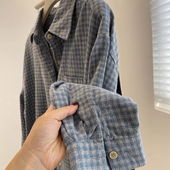 复古蓝色格子磨毛衬衫 女2025春秋慵懒棉质长袖 衬衣设计感外套上衣