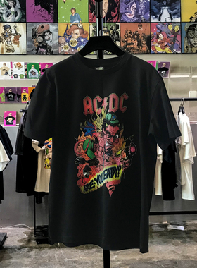 ACDC乐队欧美摇滚t恤夏美国潮牌宽松街头oldSkool短袖男落肩半袖