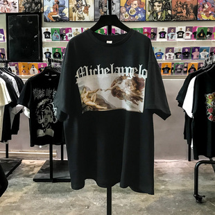 上帝之手的创造印花短袖ins超火夏季落肩袖t恤情侣复古街头半袖男