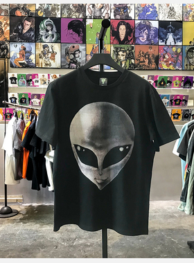 ins超火oldSkool夏季复古外星人头像印花短袖做旧落肩袖高街t恤男