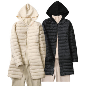 正品轻薄连帽羽绒服女中长款针织帽拼接修身时尚休闲外套秋冬装