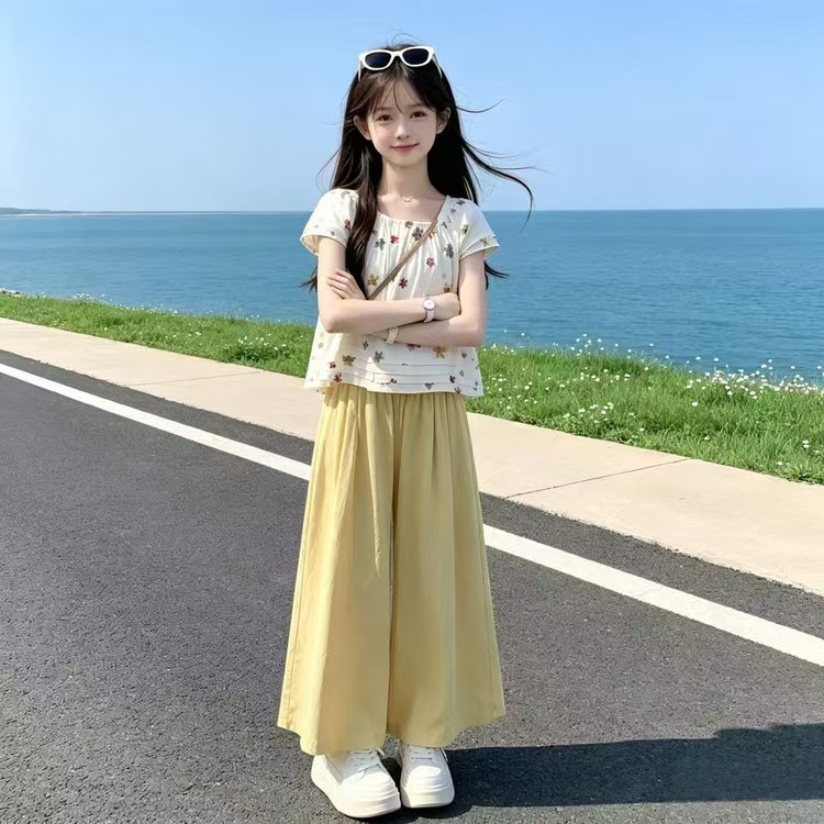 女童夏季短袖阔腿裤中大童两件套图片