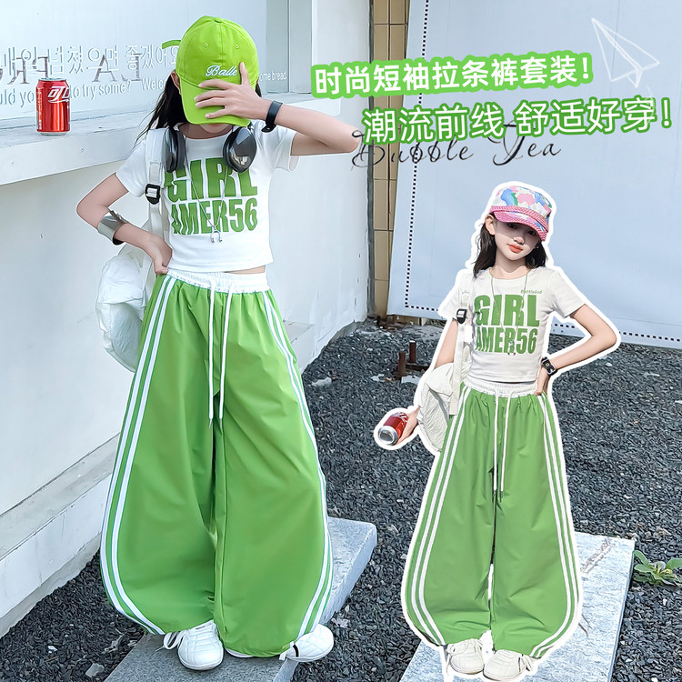 女童夏季套装2026新款韩版洋气薄款女大童短袖T恤拉条裤子两件套图片