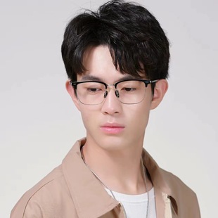 商务眉毛框近视眼镜框男学生超轻纯钛镜架中等联系黑银色可配近视
