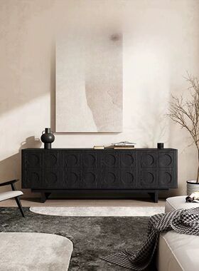 北欧雕花影视柜法式黑色实木电视柜中古视听柜原木客厅落地收纳柜