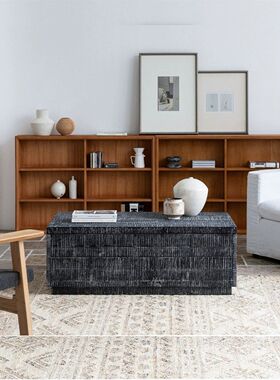 侘寂锯痕做旧矮茶几带抽屉长方形全实木储物茶台客厅复古简约茶桌