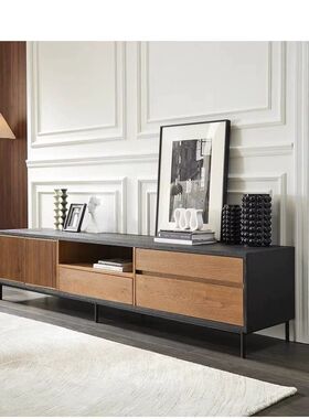 北欧现代侘寂风复古拼色柚木色实木电视柜黑色设计师橡木视听地柜