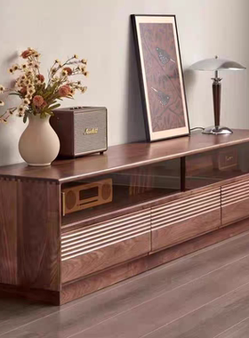 创晨黑胡桃木电视机柜客厅小户型现代简约实木落地电视柜地柜原木