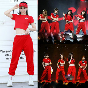 韩舞女团同款 年会舞台表演套装 红色休闲露脐爵士舞裤 子 演出服装