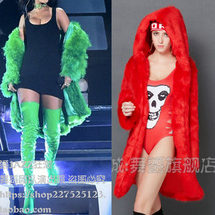 夜店男女歌手DJ大红绿色秋冬外套毛毛风衣舞台嘉宾演出服 欧美新款