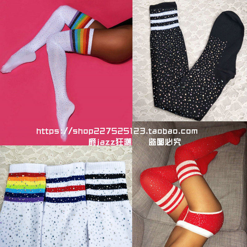 夜店酒吧演出服饰GOGO满钻中筒袜子运动女过膝袜运动条纹美腿袜