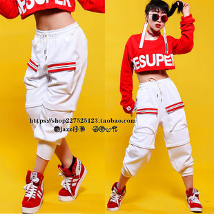 爵士工装裤女高腰显瘦帅气白色宽松嘻哈运动街舞裤跳舞比赛练功裤