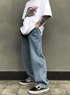 INS复古嘻哈街舞old school老爹裤 港风宽松牛仔直筒工装阔脚裤BF