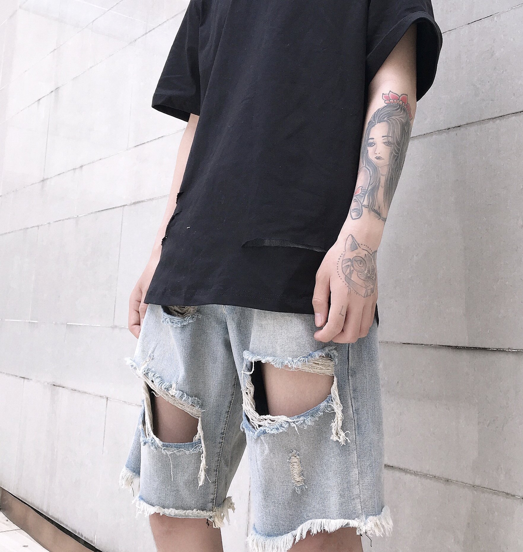 欧美高街乞丐风大破洞fog风格做旧宽松牛仔短裤潮男嘻哈滑板短裤