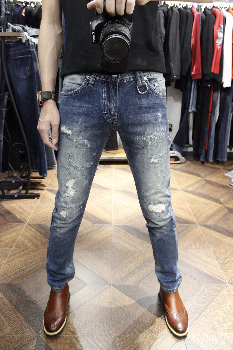 暗黑骷髅街潮范重工水洗石磨金属烫钻修身时尚个性小直脚牛仔裤男