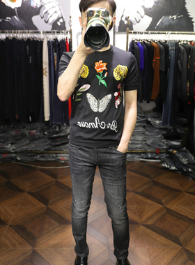 时尚刺绣国风主题花草系前后印花圆领套头时尚修身短袖卫衣男