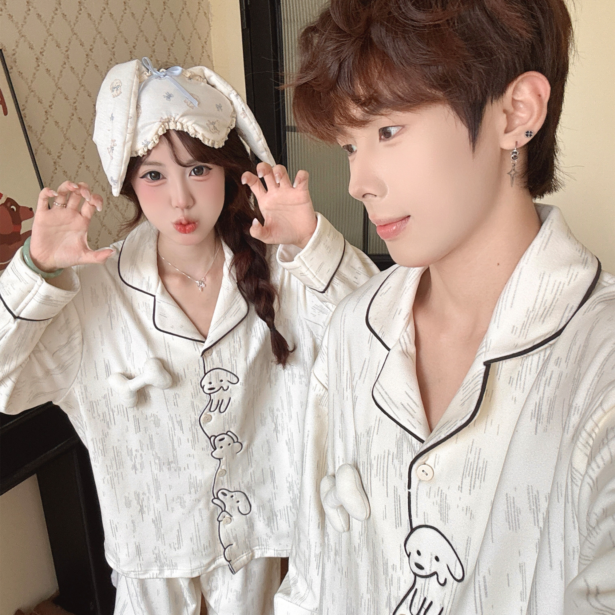 高级感小狗卡通情侣睡衣男女秋冬季长袖结婚德绒保暖家居服套装