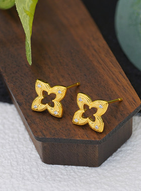 【店铺专属】18k金拉丝点钻四叶草耳钉轻奢小众耳饰不脱模WT0564