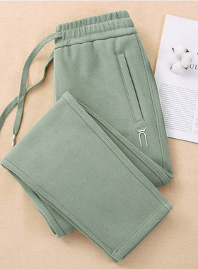 豆绿色加绒运动裤女高档品牌直筒裤宽松大码加厚休闲卫裤保暖长裤