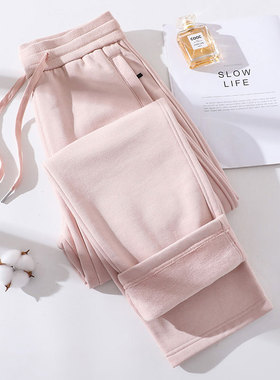 全棉休闲运动裤女春秋粉红色直筒卫裤加绒裤子纯棉女士大码休闲裤