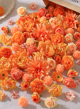 新款橙色系混搭仿真花 假花 绢花diy手工材料 胸花汉服头饰配件