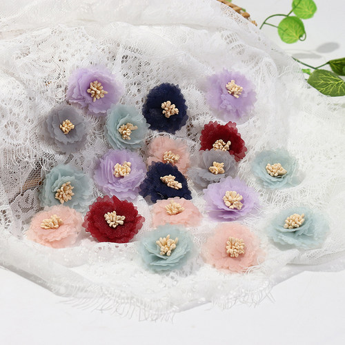 3.5cm水晶纱花 diy手工花环胸花装饰 汉服鞋帽服装配件 纱布加芯