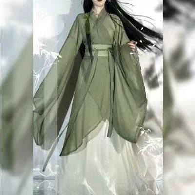魏晋风汉服女绿白大袖飘逸感套装