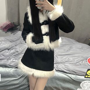 富家千金高级感夹棉秋冬加厚外套半身裙子套装 毛毛领小香风两件套