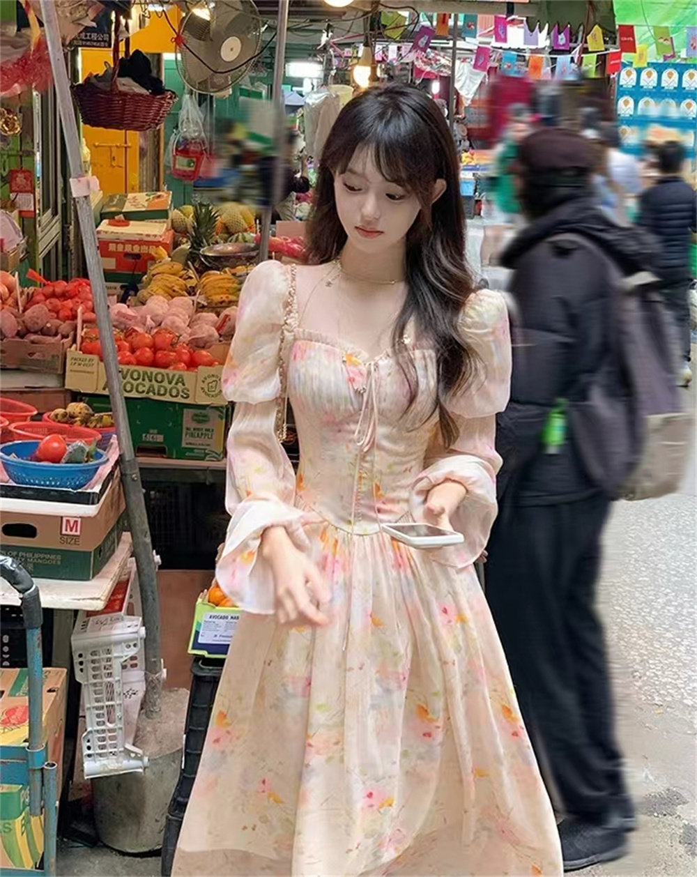 温柔风A字裙碎花绑带聚脂纤维