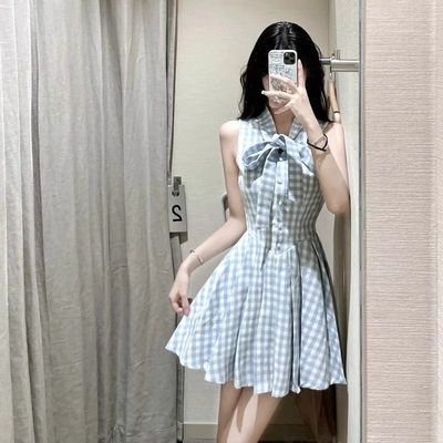 学院风A字裙格子蝴蝶结