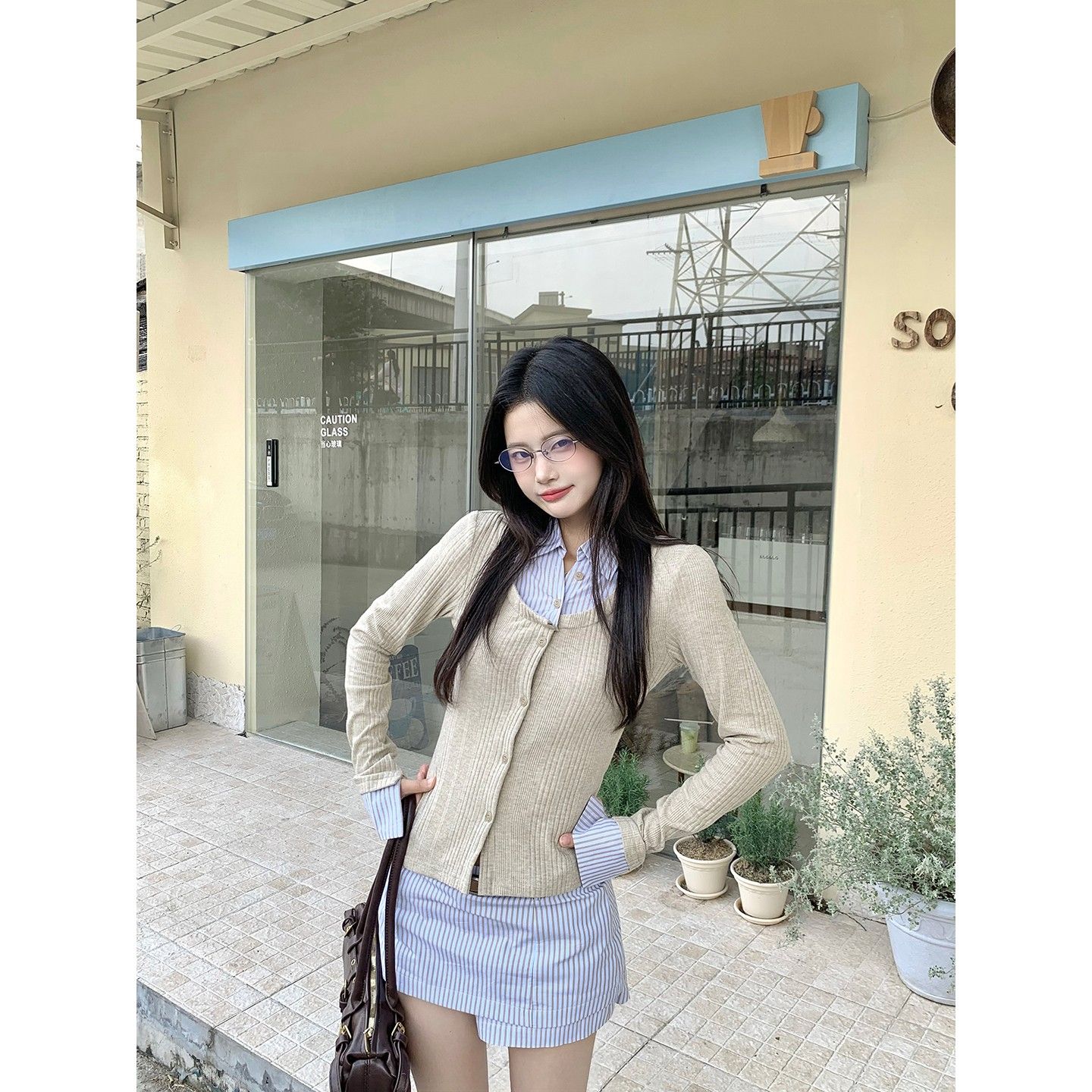 假两件长袖衬衫搭配半身裙子女