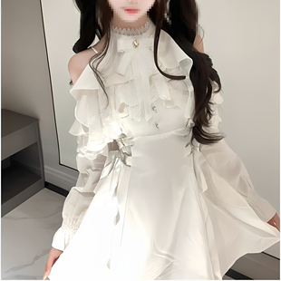 白色蕾丝收腰显瘦a字立领露肩挂脖连衣裙长袖 春秋 高级感千金短款