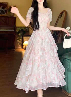 在逃公主碎花雪纺连衣裙春夏甜美初恋仙女度假沙滩优雅收腰长裙子