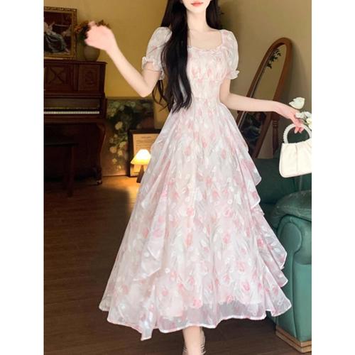 公主风A字裙碎花聚脂纤维