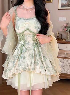 开衫吊带连衣裙两件套女夏网纱甜美小个子收腰设计感花苞蓬蓬短裙