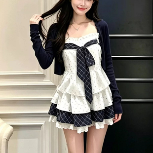 甜美公主波点蝴蝶结吊带连衣裙女春秋韩系长袖开衫短裙时尚两件套